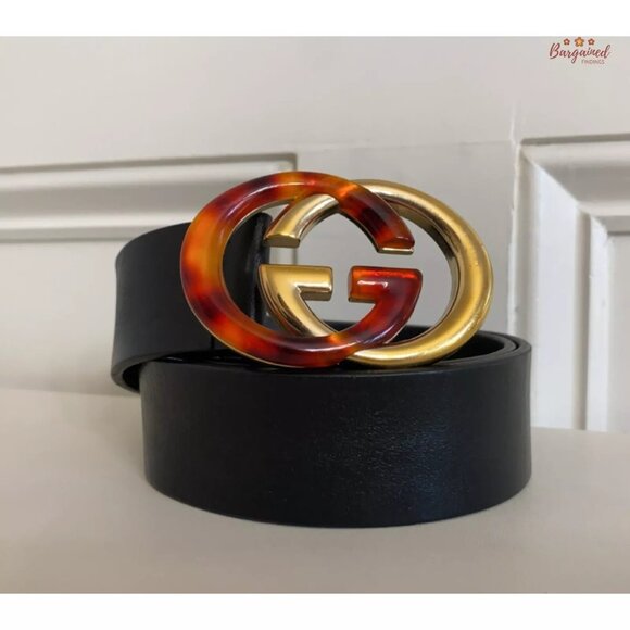 Authentic Gucci Black Calfskin Leather Tortoise Gold Interlocking G Belt 80/32 - Picture 12 of 13